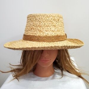 Scala Natural Straw Sun Hat with Brown Trim